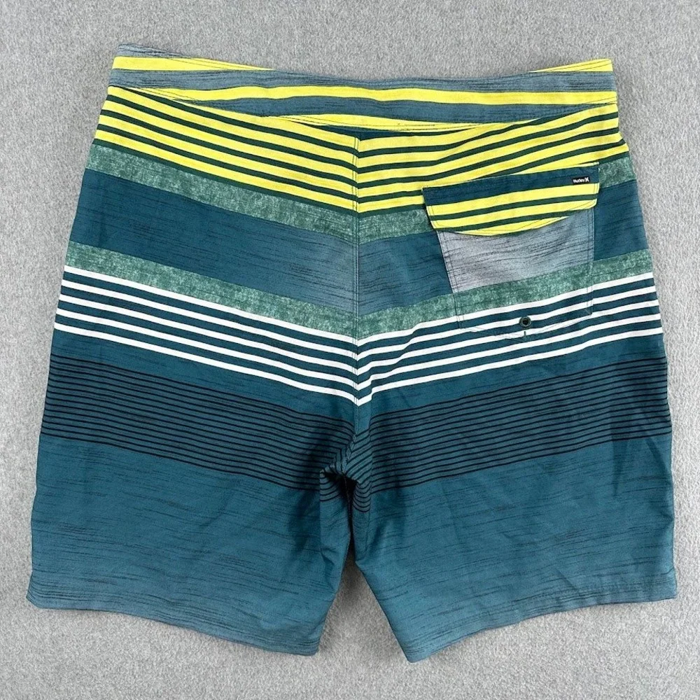 Hurley Mens Phantom Board Shorts Size 34‎ Teal Yellow Striped Swim Trunks Surf